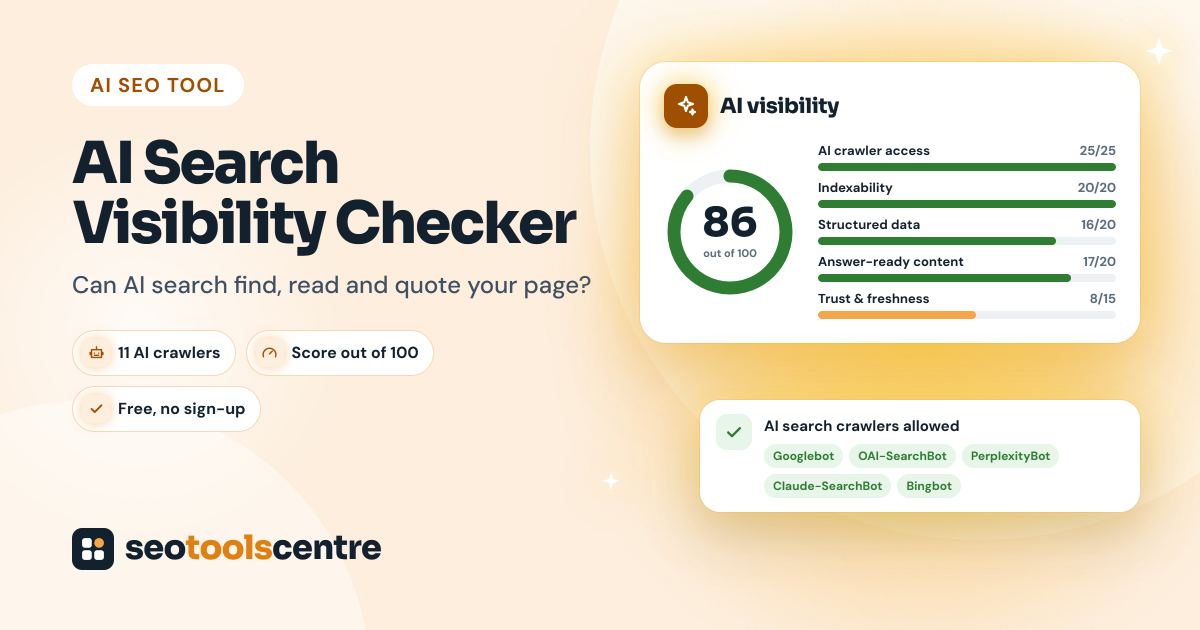 AI Search Visibility Checker showing an AI visibility score, five area scores and the AI search crawlers that can read the page
