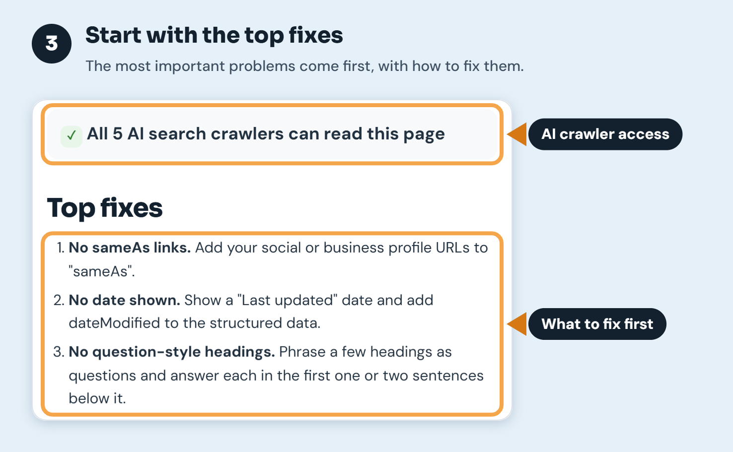 Step 3: AI crawler access summary and the three most important fixes