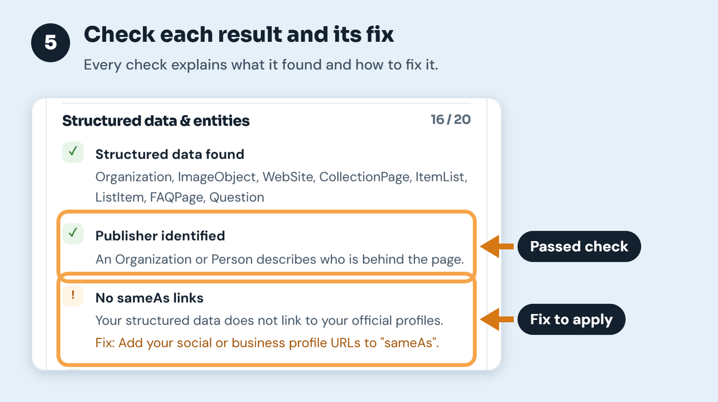 Step 5: individual checks with a passed result and a suggested fix