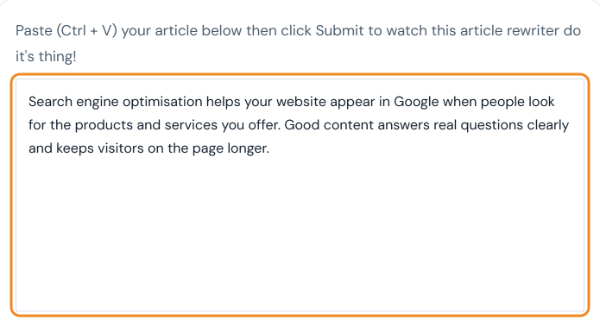 Article rewriter text box with a short paragraph about search engine optimisation