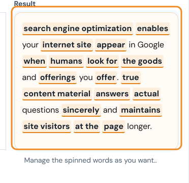 Result box with the replaced words highlighted, ready to review and edit