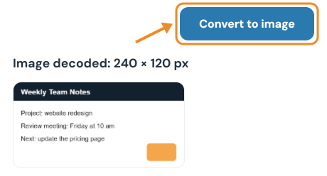 Decoded 240 by 120 pixel image previewed under the Convert to image button