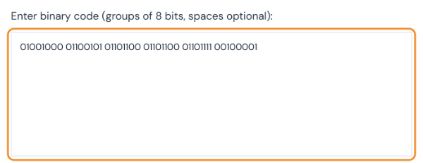 Binary to text converter with six 8-bit binary groups in the input box