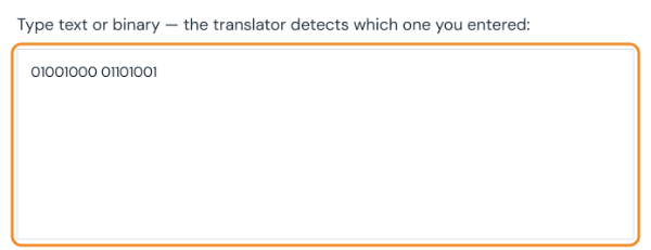 Binary translator with the binary code 01001000 01101001 in the input box