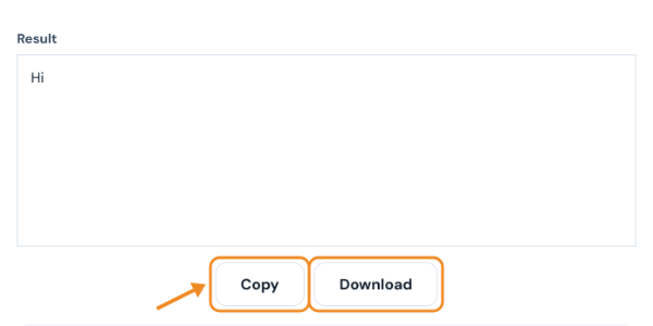 Result box showing the translation Hi with Copy and Download buttons