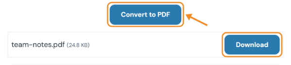 Convert to PDF button and the finished file team-notes.pdf with a Download button