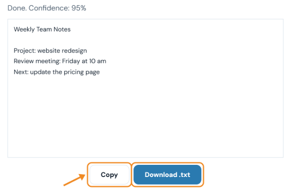 Recognised text from the image with a 95 percent confidence score and Copy and Download .txt buttons