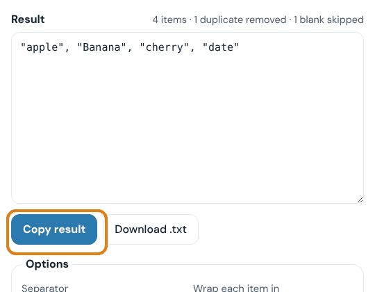 The Result box with the Copy result and Download .txt buttons highlighted