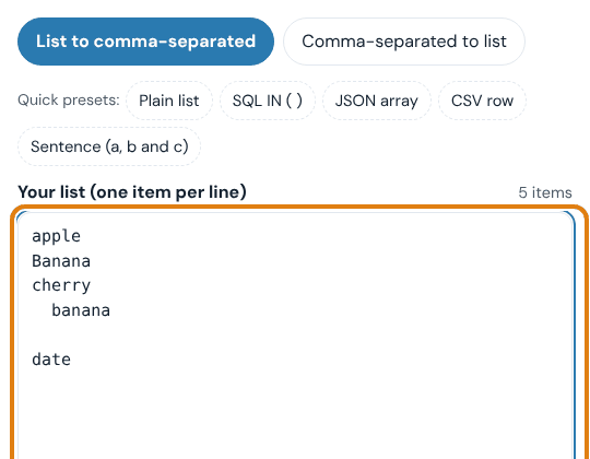 Pasting a column of items into the Your list box of the comma separator