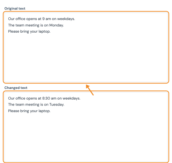 Text compare tool with two versions of a short office notice