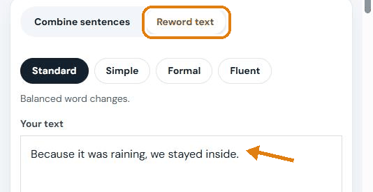 Reword text tab with the combined sentence in the text box and the four style buttons