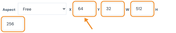 Aspect menu and the X, Y, W and H fields for setting the crop in pixels