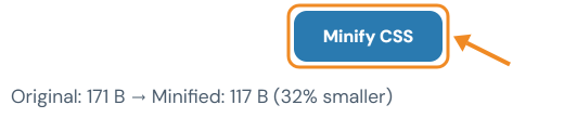Minify CSS button with the original and minified size shown underneath