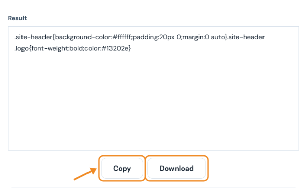 Minified CSS on one line in the result box with Copy and Download buttons