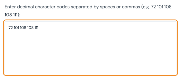 Decimal to ASCII converter with the codes 72 101 108 108 111 in the input box
