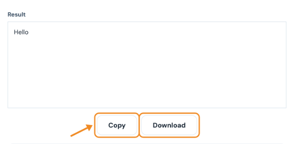 Result box showing the text Hello with Copy and Download buttons