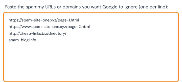Disavow file generator with four spam URLs and domains pasted one per line