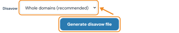 Disavow level menu set to Whole domains above the Generate disavow file button