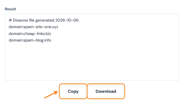 Generated disavow file with domain lines for three spam sites and Copy and Download buttons