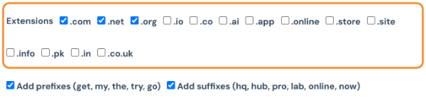 Extension checkboxes with .com, .net and .org ticked, and the prefix and suffix options