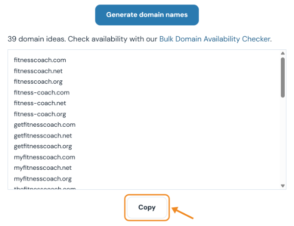 List of 39 domain ideas such as fitnesscoach.com and getfitnesscoach.net with a Copy button