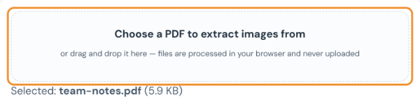 Extract images from PDF tool with the file team-notes.pdf selected in the upload box
