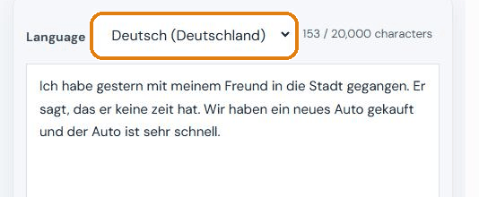 Language menu set to Deutsch (Deutschland) with German text pasted into the German grammar checker