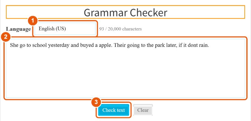 Grammar Checker with English (US) selected, a sample paragraph entered and the Check text button highlighted