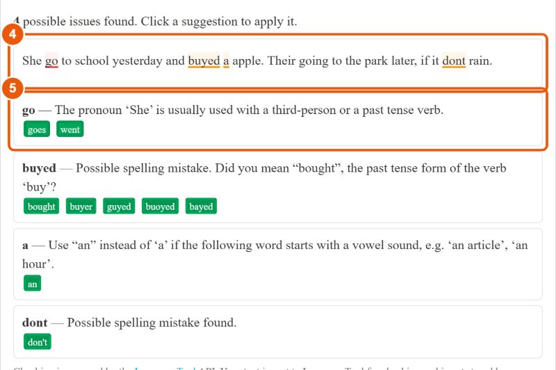 Grammar Checker results with mistakes underlined and suggested corrections such as goes, went and bought