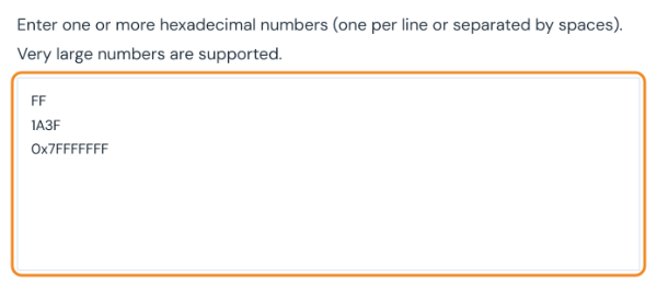 Hex to decimal converter with the values FF, 1A3F and 0x7FFFFFFF on separate lines