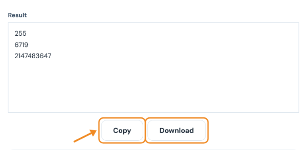 Result box showing 255, 6719 and 2147483647 with Copy and Download buttons