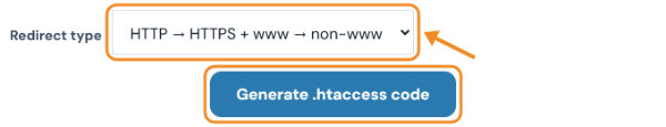 Redirect type menu set to HTTP to HTTPS plus www to non-www above the Generate .htaccess code button