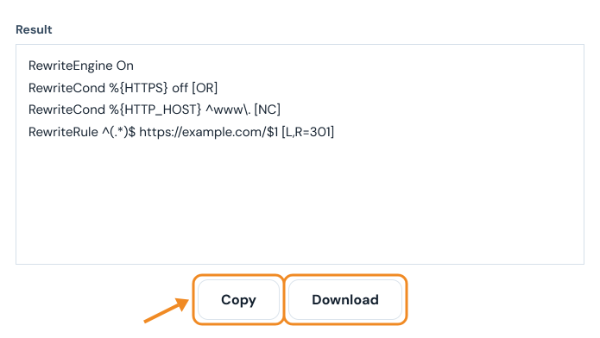 Generated RewriteEngine, RewriteCond and RewriteRule lines with Copy and Download buttons