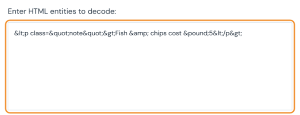 HTML decoder input box containing an encoded paragraph tag with entities
