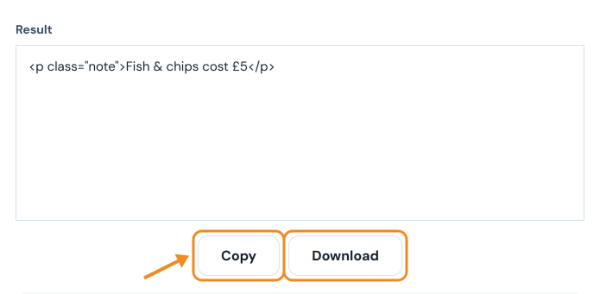 Result box showing the decoded HTML paragraph with Copy and Download buttons