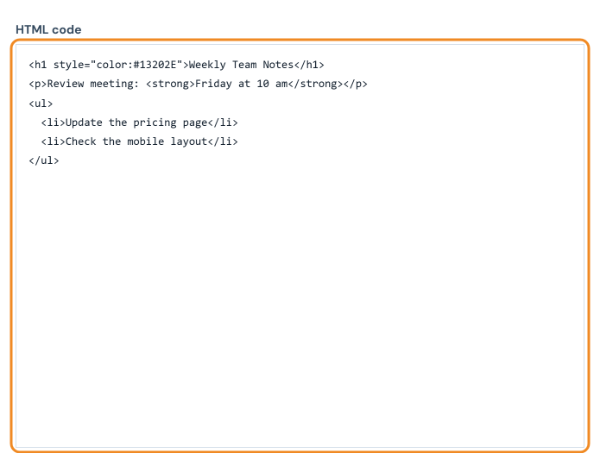 HTML editor with a heading, a paragraph and a list in the code box