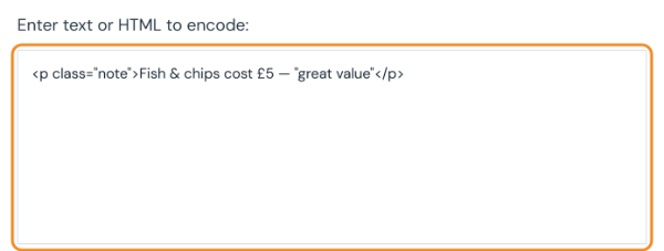 HTML encoder input box containing a paragraph tag with an ampersand, a pound sign and quotation marks
