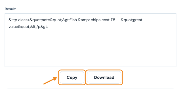 Result box showing the encoded HTML entities with Copy and Download buttons