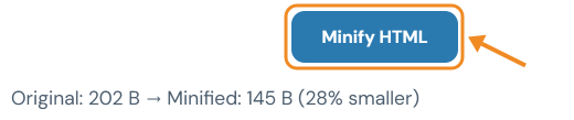 Minify HTML button with the original and minified size shown underneath