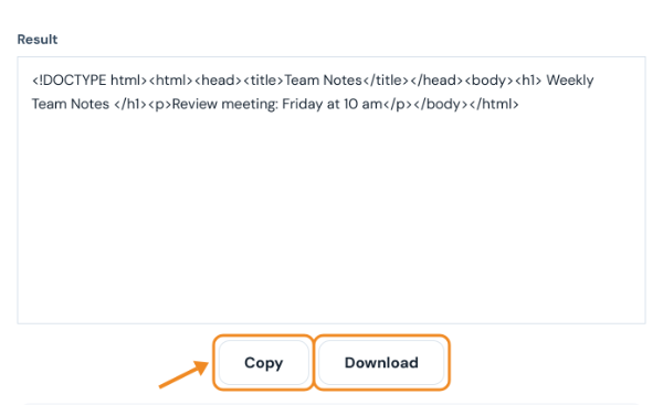 Minified HTML in the result box with Copy and Download buttons