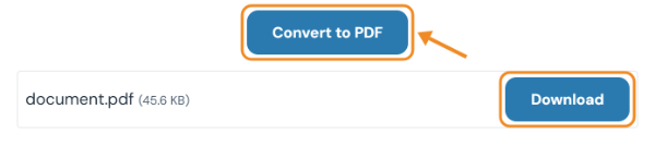 Convert to PDF button and the finished document.pdf with a Download button