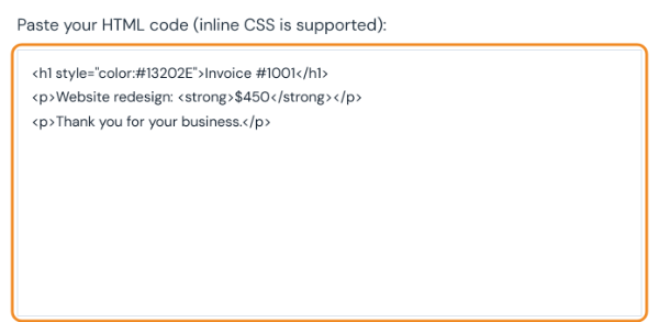 HTML to PDF converter with invoice HTML code pasted into the box