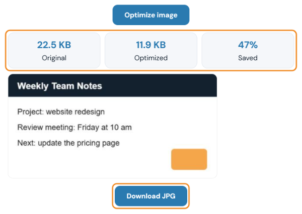 Result showing 22.5 KB original, 11.9 KB optimized and 47 percent saved, with a preview and a Download JPG button