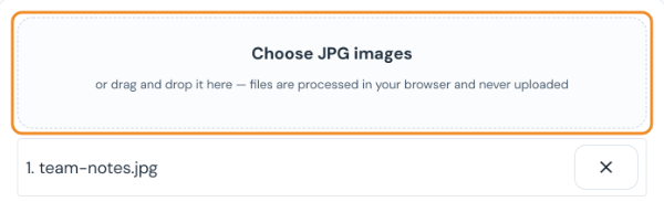 JPG to PDF converter with the image team-notes.jpg added to the file list