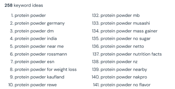 Numbered list of long-tail keyword ideas for protein powder