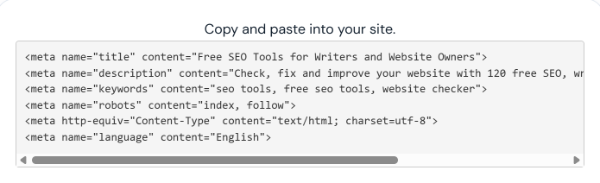 Generated meta tags for title, description, keywords, robots, content type and language