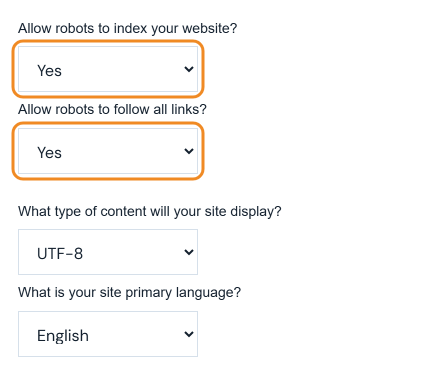 Robots index and follow options set to Yes, content type UTF-8 and language English