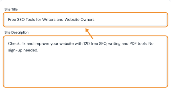 Meta tag generator with a site title and site description filled in