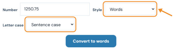 Style menu set to Words, letter case set to Sentence case and the Convert to words button