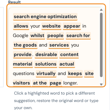 Result box with the replaced words highlighted, ready to review and edit